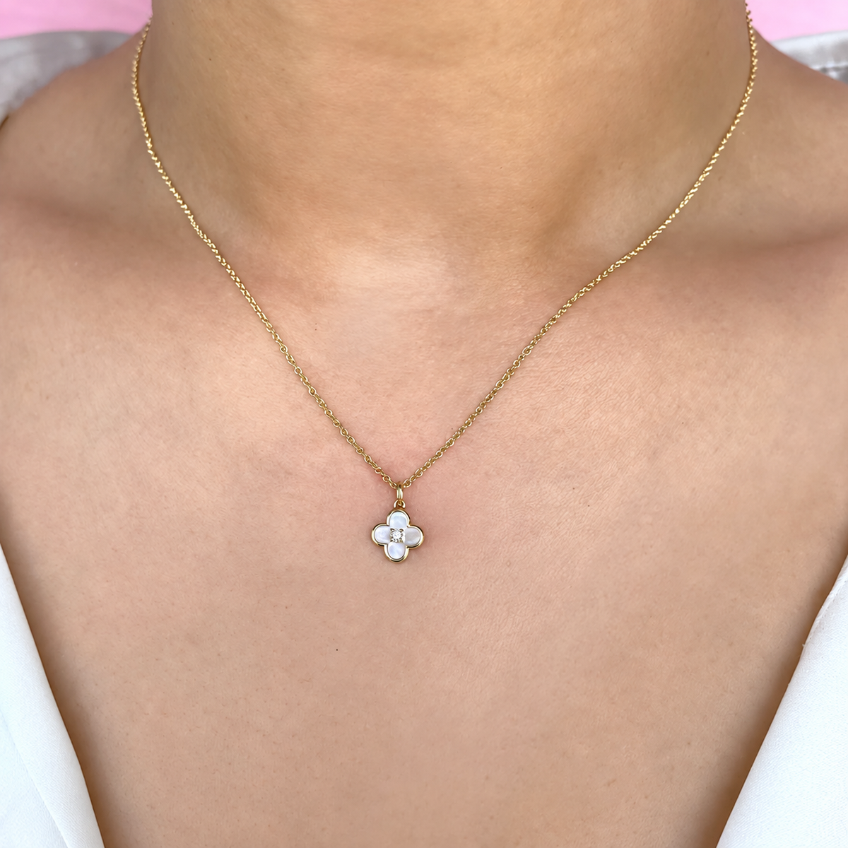 14K Gold Pearl Clover Necklace Worn on Neck