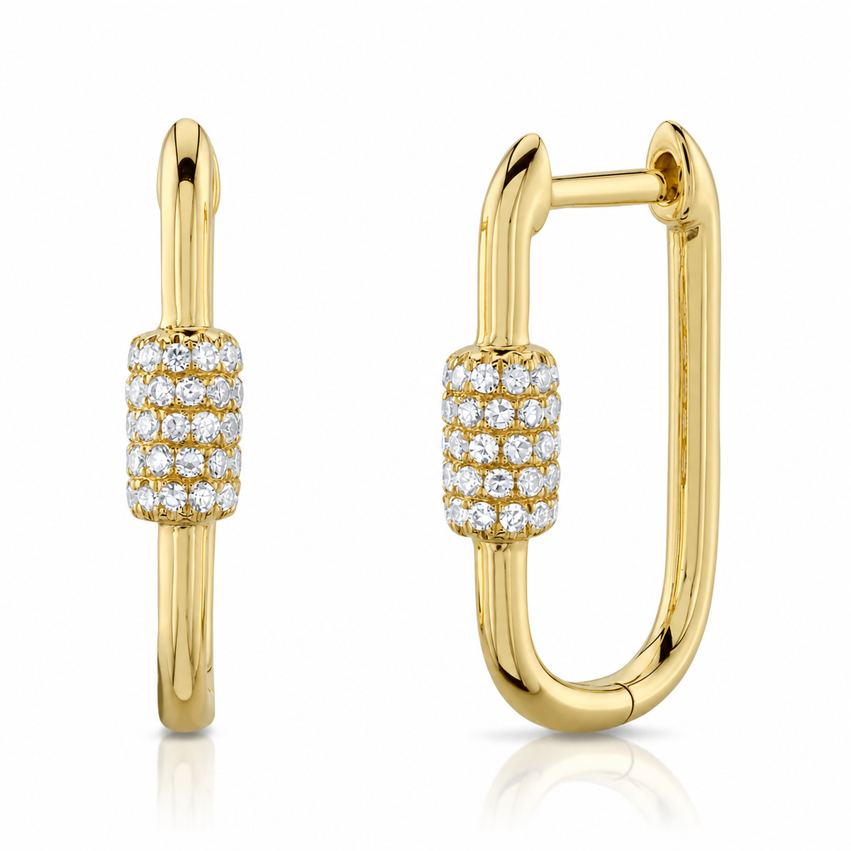 14K Yellow Gold Diamond Carabiner Hoop Earring