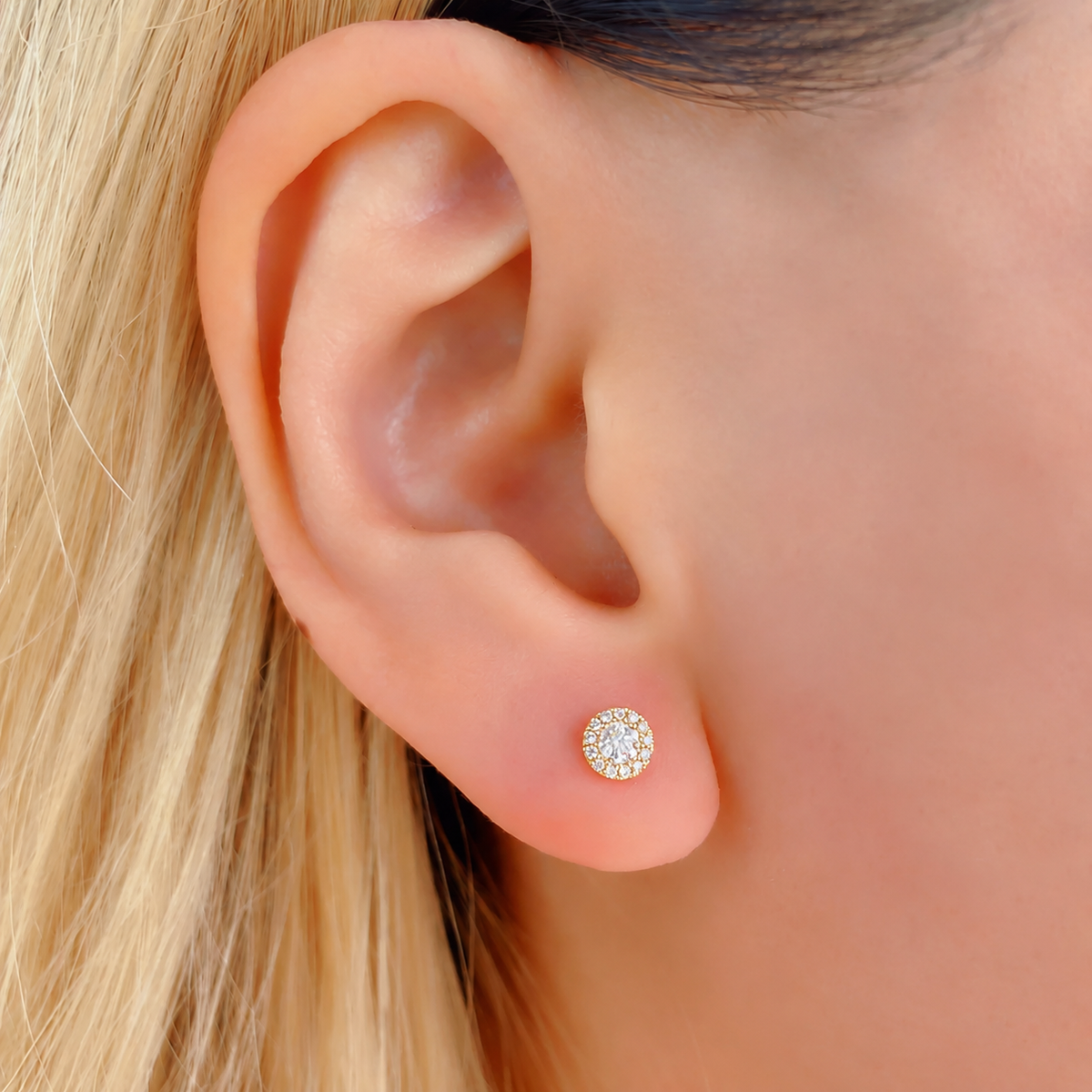 14K Gold Diamond Halo Stud Earrings Worn on Ear