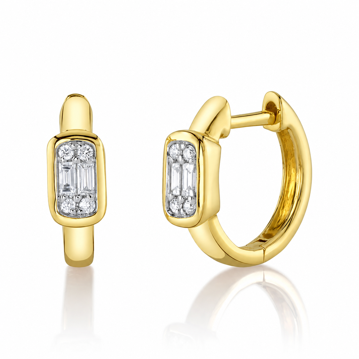 14K Yellow Gold Baguette Diamond Cluster Huggie Earrings