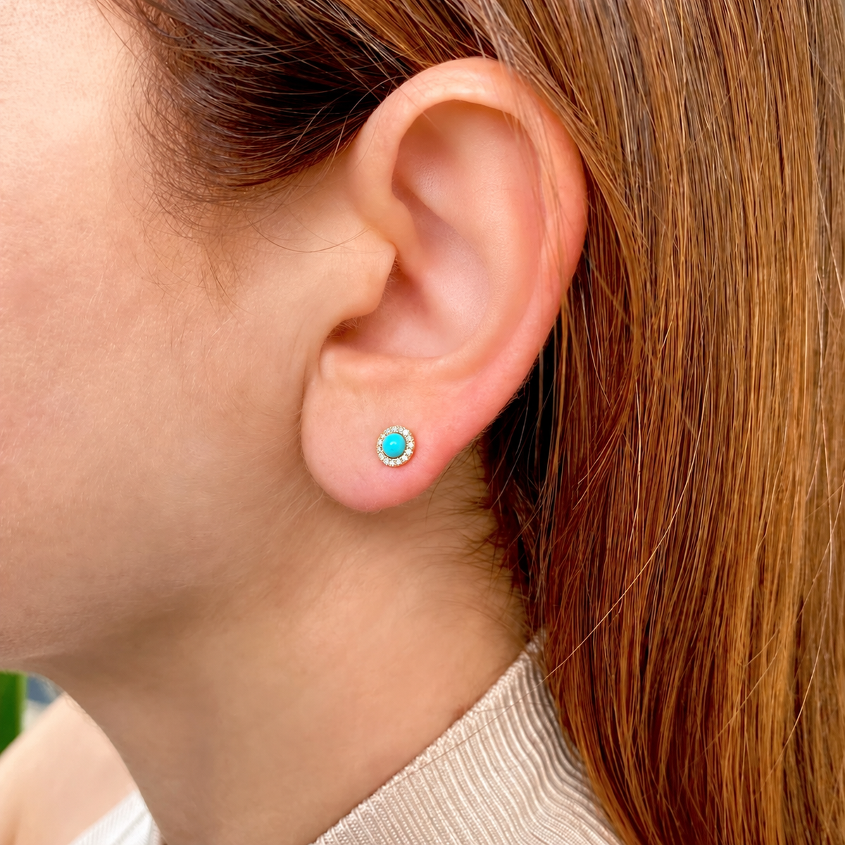 14K Gold Turquoise Halo Stud Earrings Worn on Ear