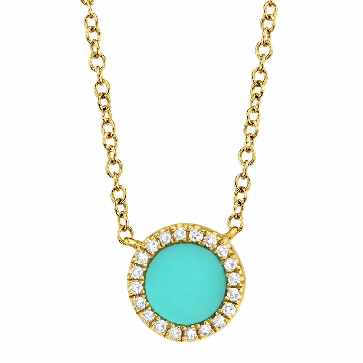 14K Yellow Gold Turquoise Disc Halo Necklace