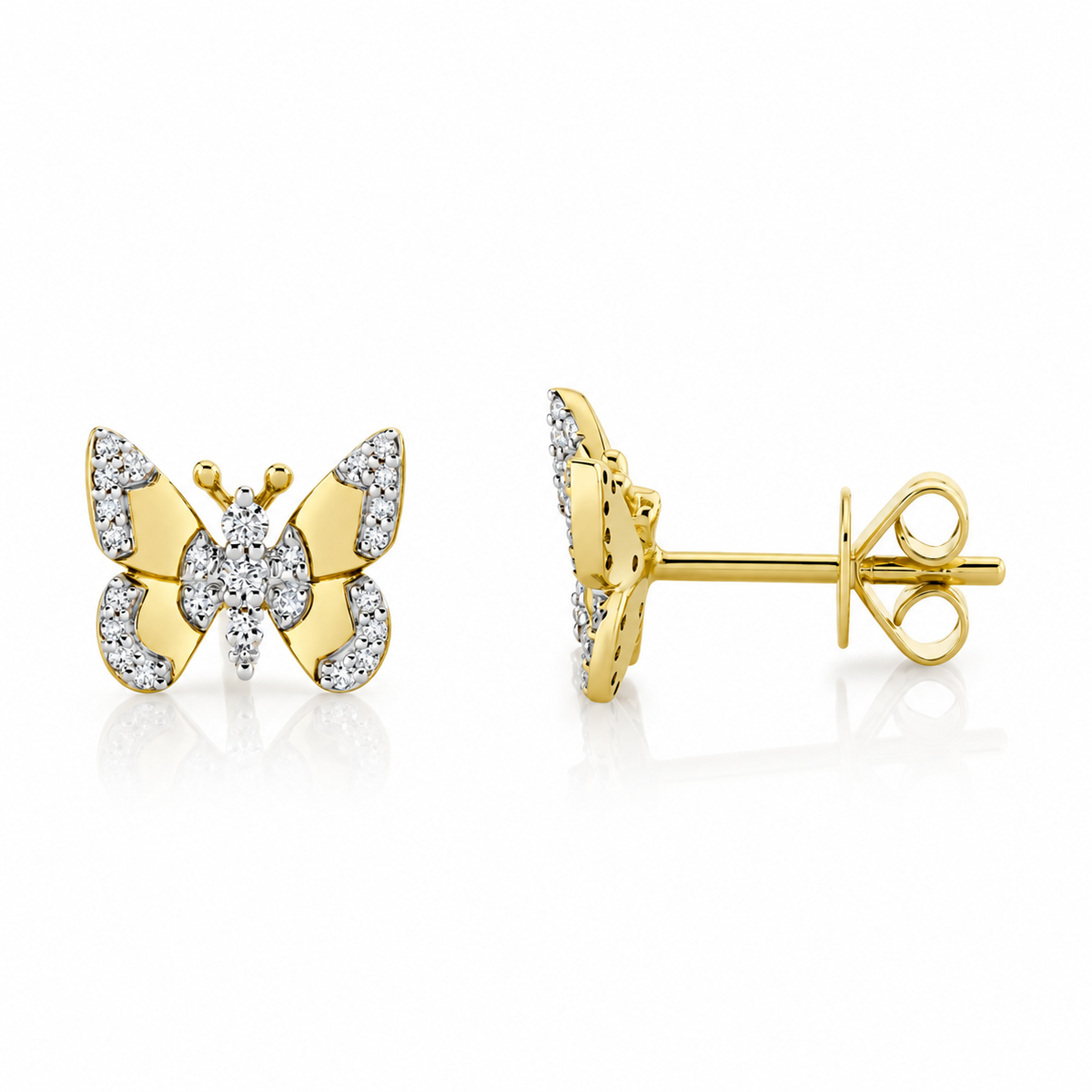 14K Yellow Gold Diamond Sparkle Butterfly Stud Earrings