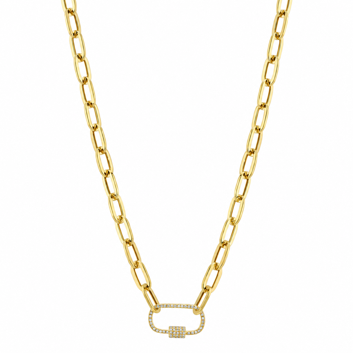 14K Yellow Gold Diamond Carabiner Paperclip Necklace