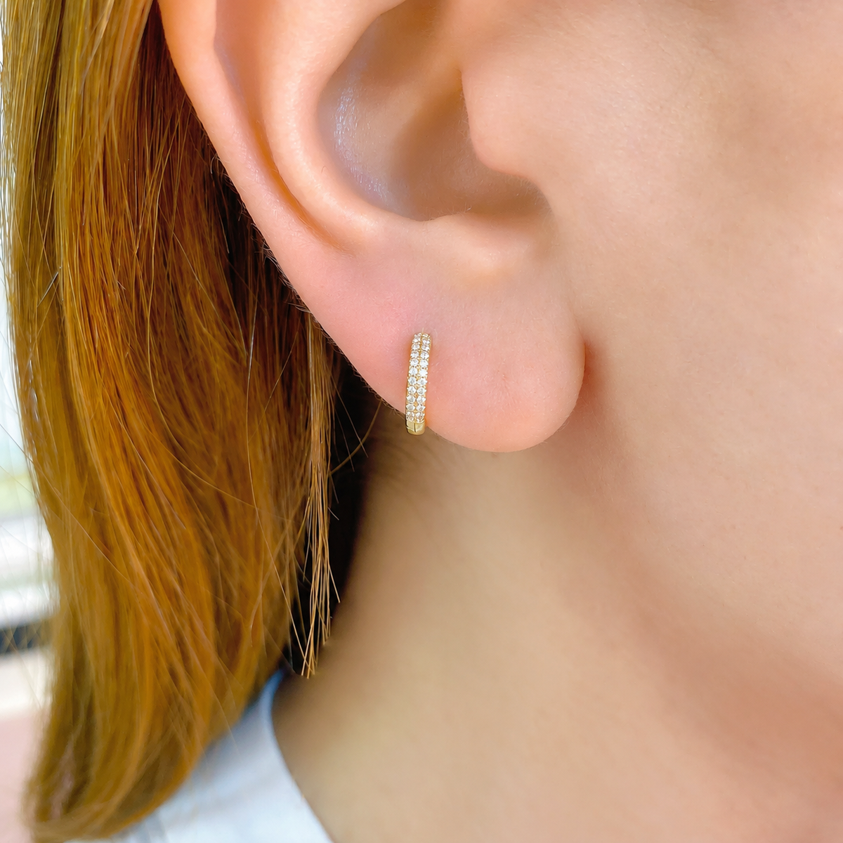 14K Gold Double Row Huggie Earrings Worn on Ear