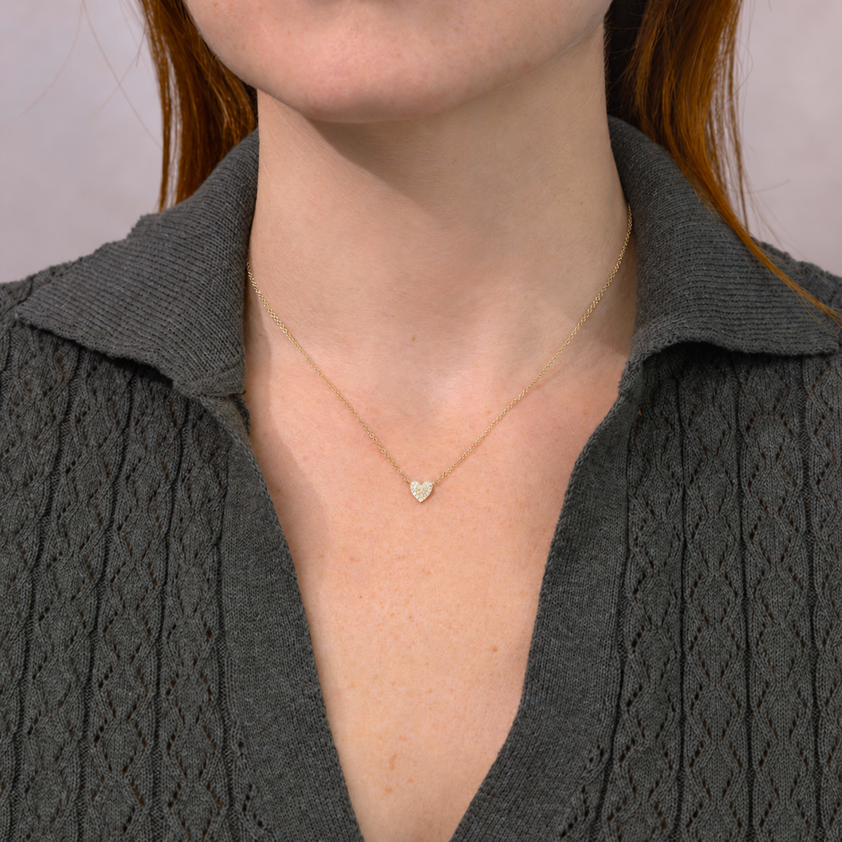 14K Gold Diamond Heart Necklace Worn on Neck