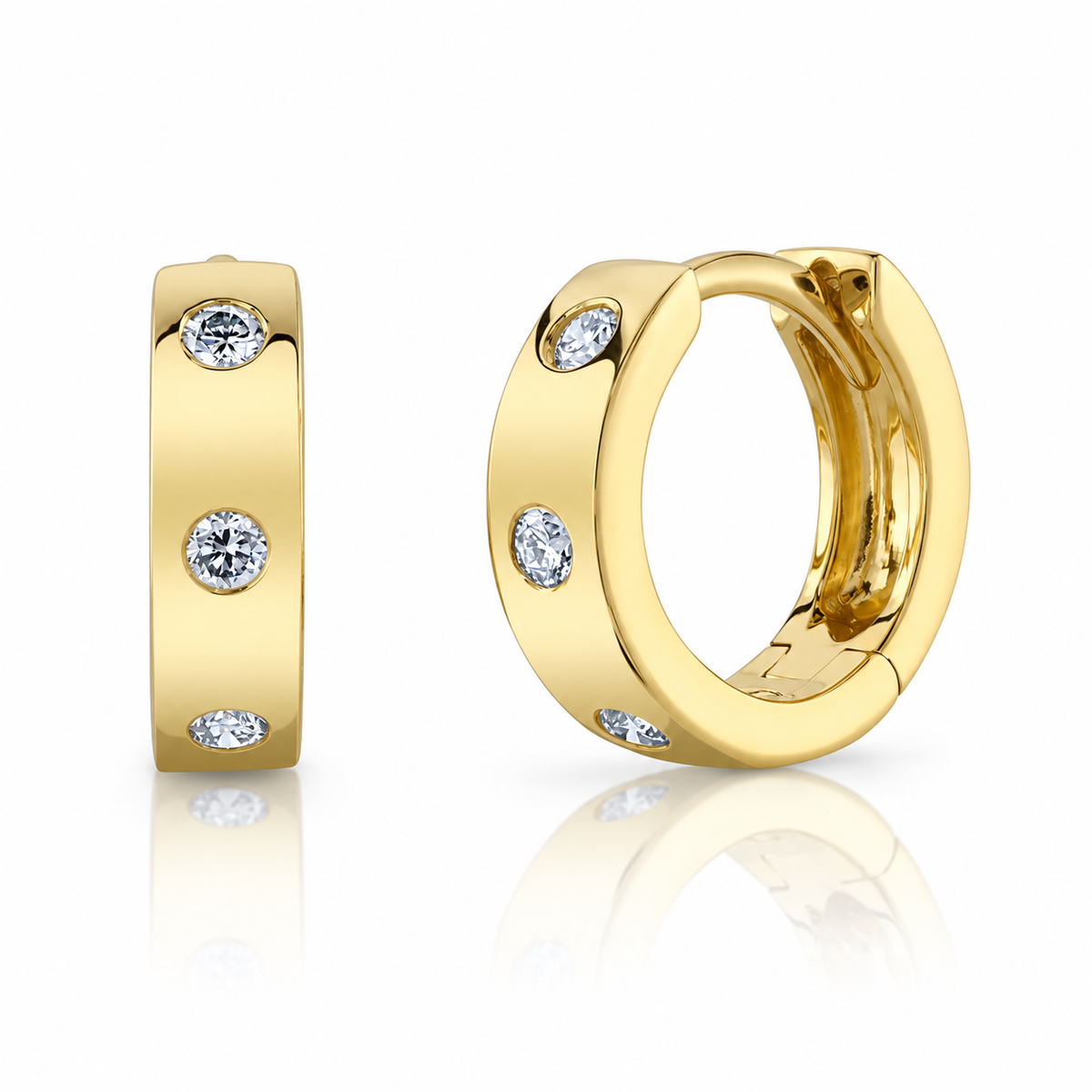 14K Yellow Gold Flush Set Diamond Huggie Earrings