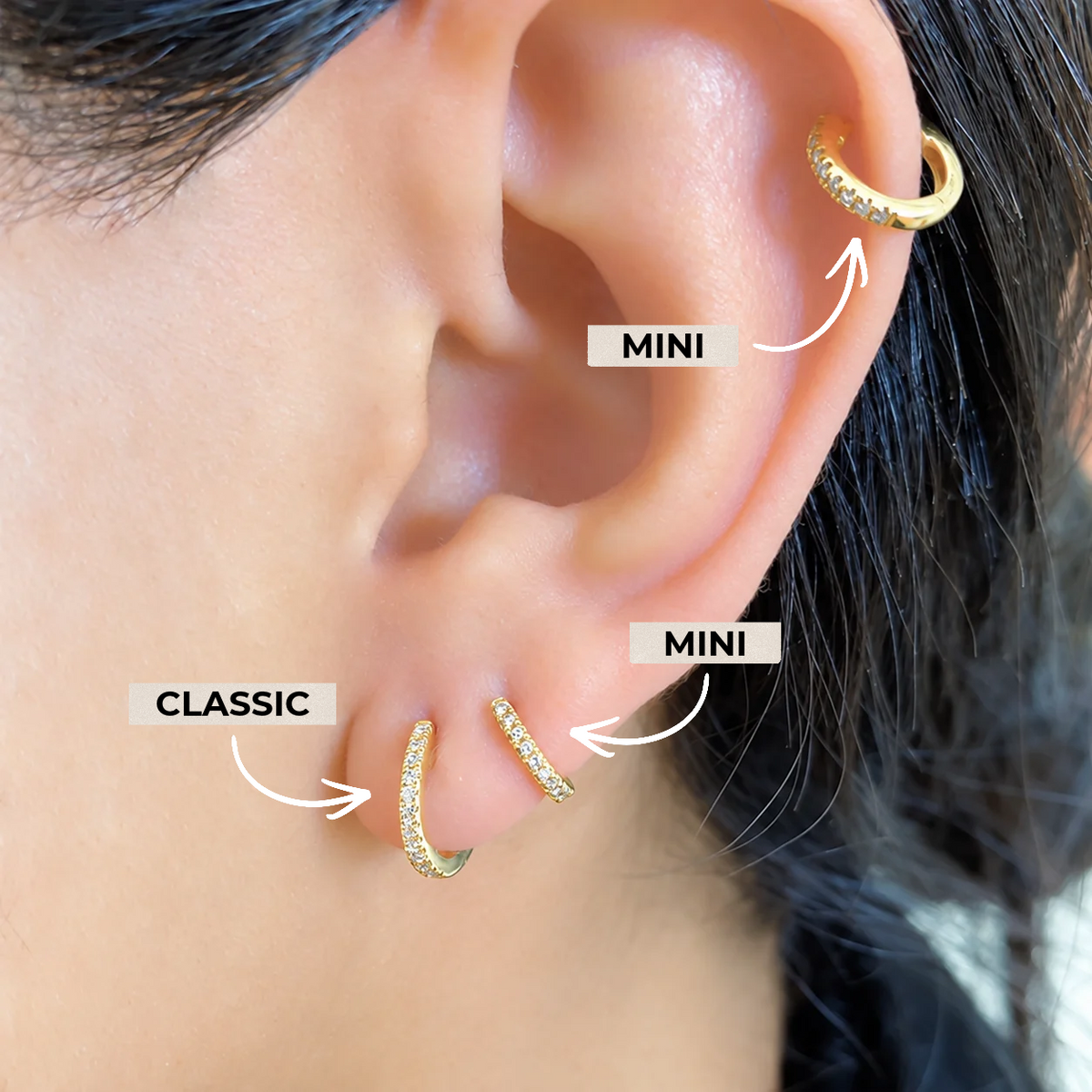 14K Gold Diamond Huggies Worn on Ear