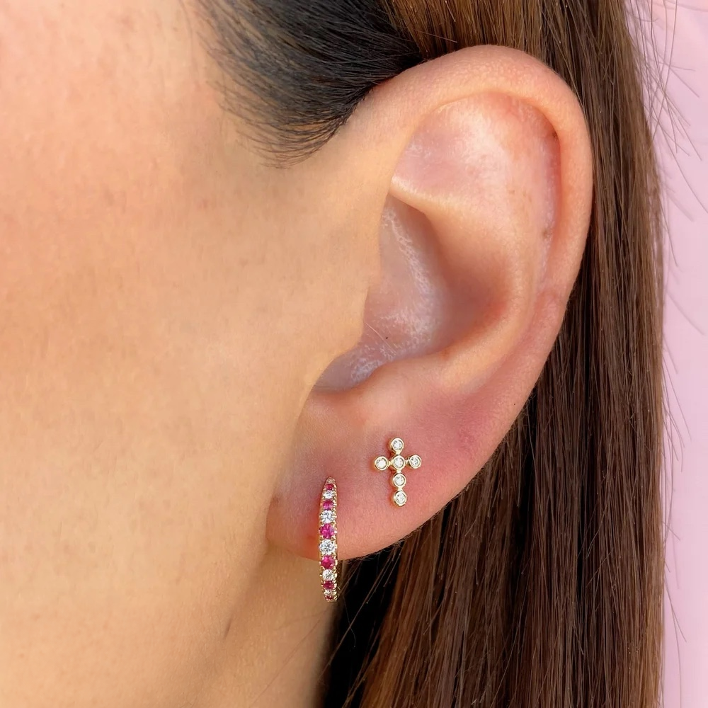 14K Gold Bezel Cross Stud Earrings Worn on Ear