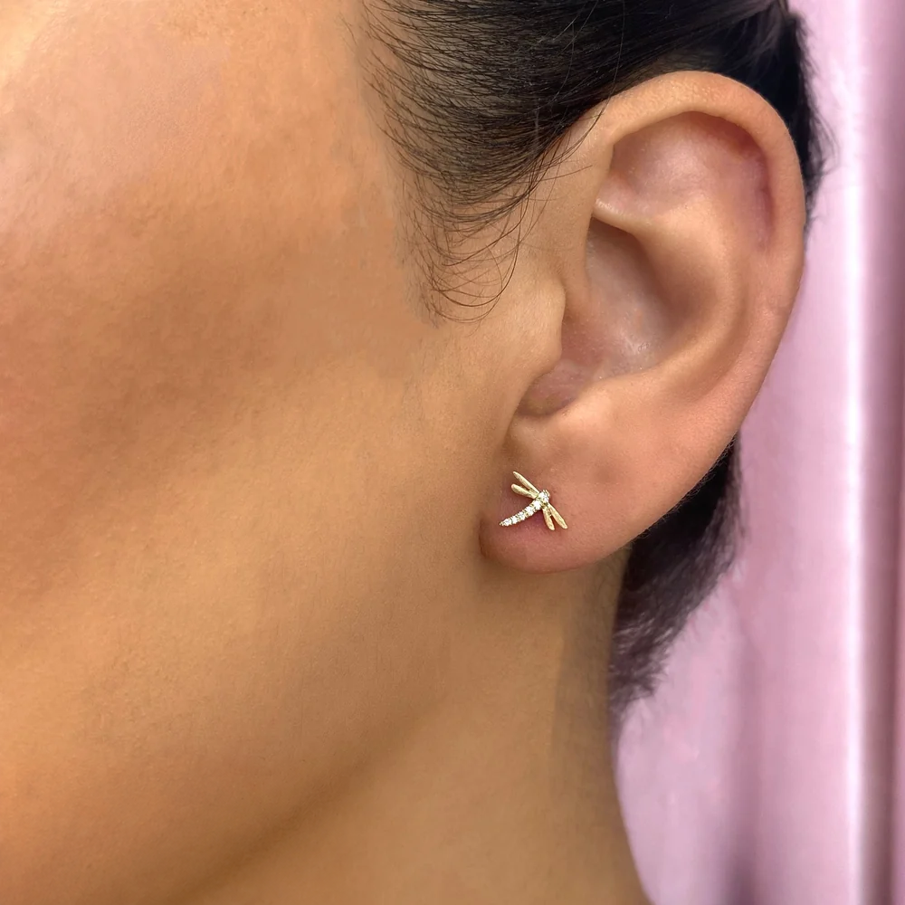 14K Gold Matte Diamond Dragonfly Stud Earrings Worn on Ear