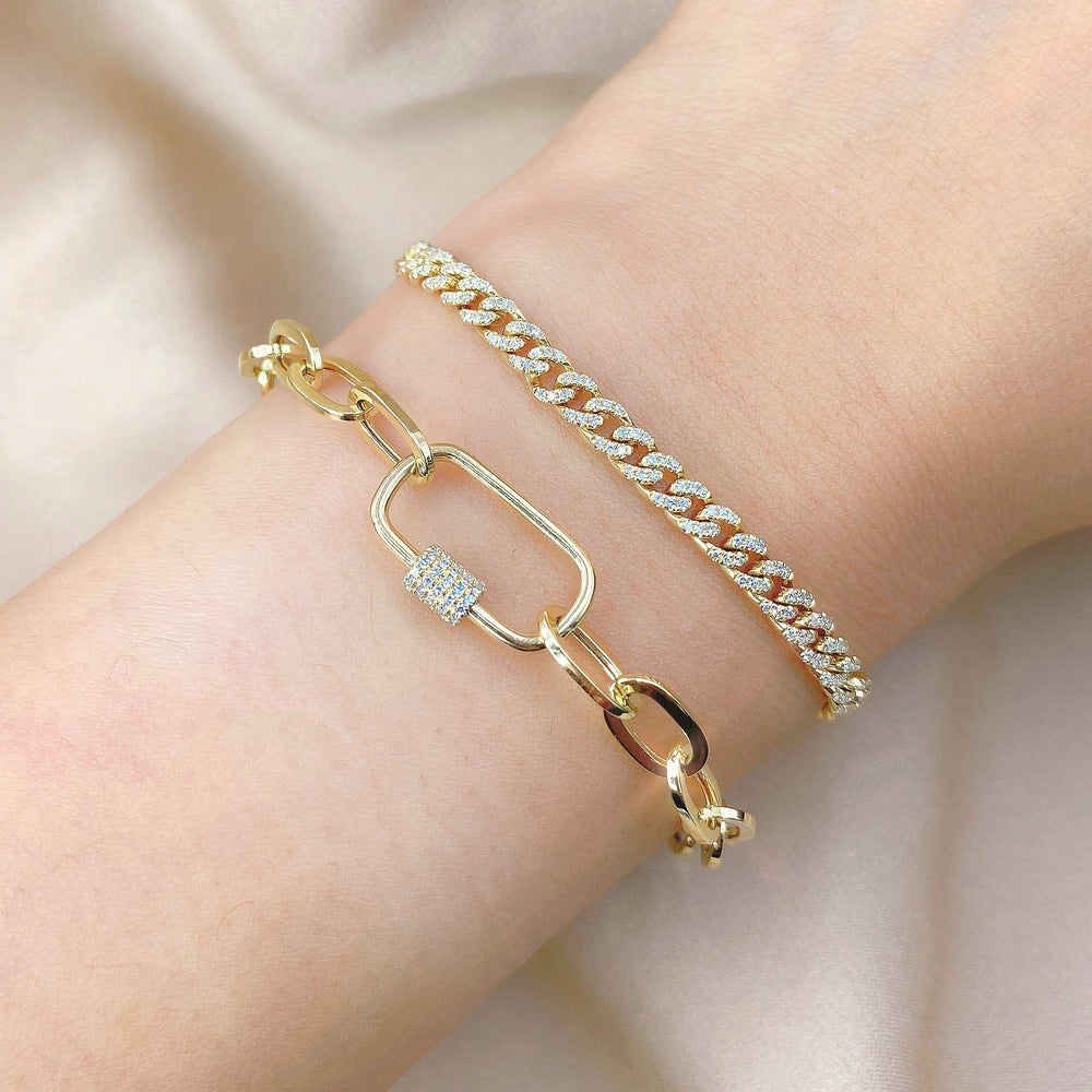 14K Gold Diamond Carabiner Paperclip Bracelet Worn on Wrist