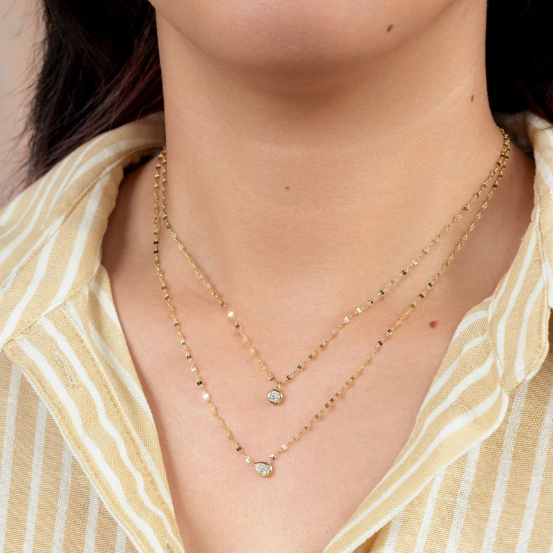 14K Gold Round Diamond Sparkle Chain Necklace Worn on Neck