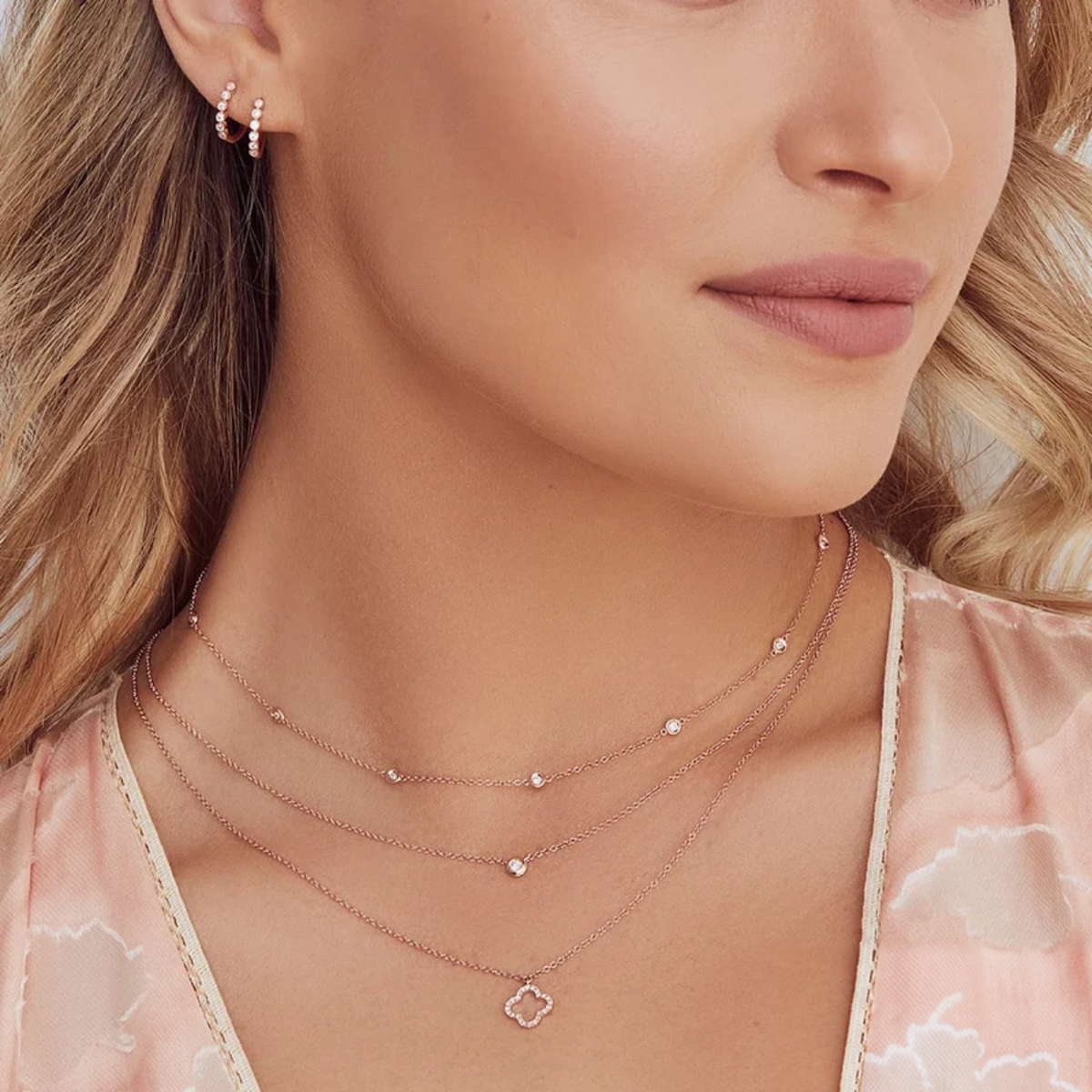 14K Gold Diamond Bezel Station Necklace Worn on Neck