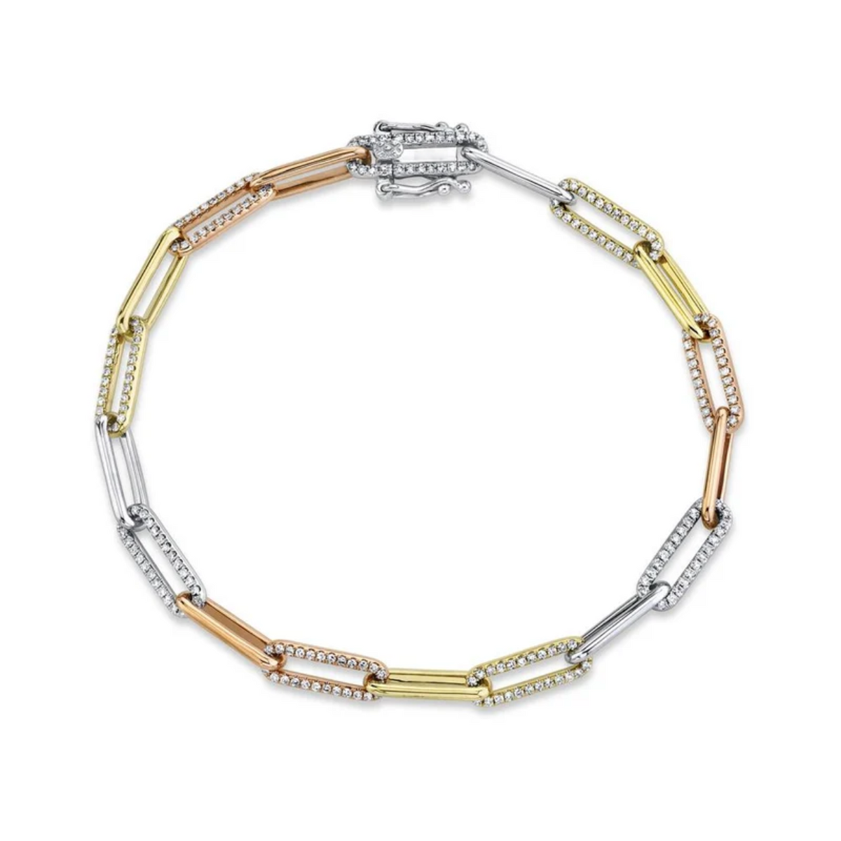 14K Tri-Color Gold Diamond Paperclip Bracelet