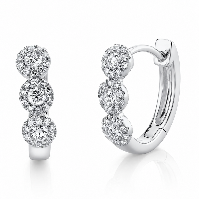 14K White Gold Diamond Halo Huggie Earrings