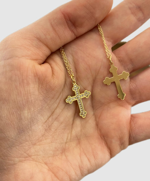 18Kt Yellow Gold Cubic Zirconia Cross with Chain Necklace