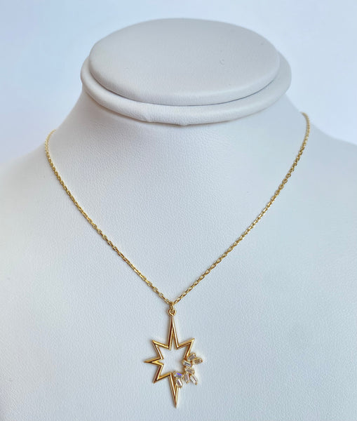 14Kt Yellow Gold Star Pendant Necklace With Cubic Zirconia Baguette