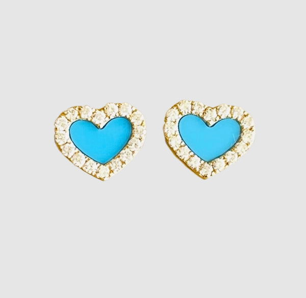 14Kt Yellow Gold Turquoise and Diamond Heart Stud Earrings