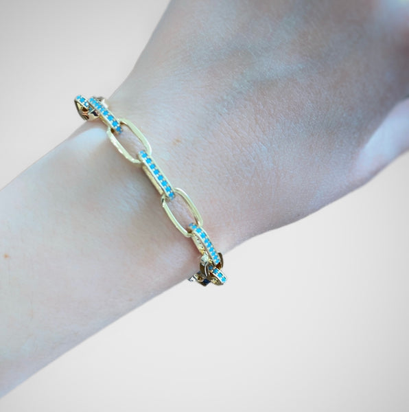 14Kt Yellow Gold Turquoise Paperclip Bracelet