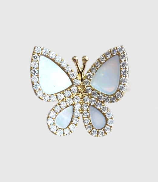 14Kt Gold Diamond Turquoise/Mother Of Pearl Butterfly Ring