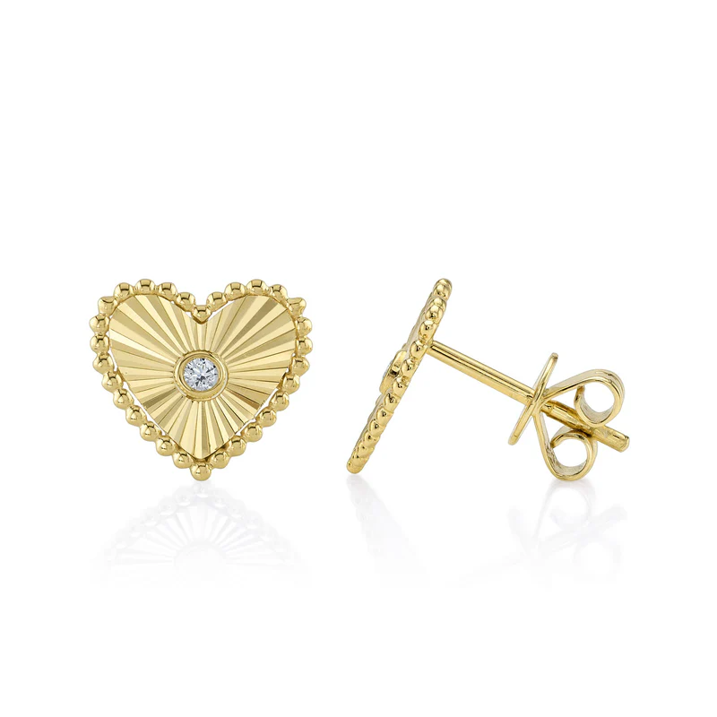 Ribbed Heart Studs in solid 14k gold – handcrafted by Nancy's Jewelry
