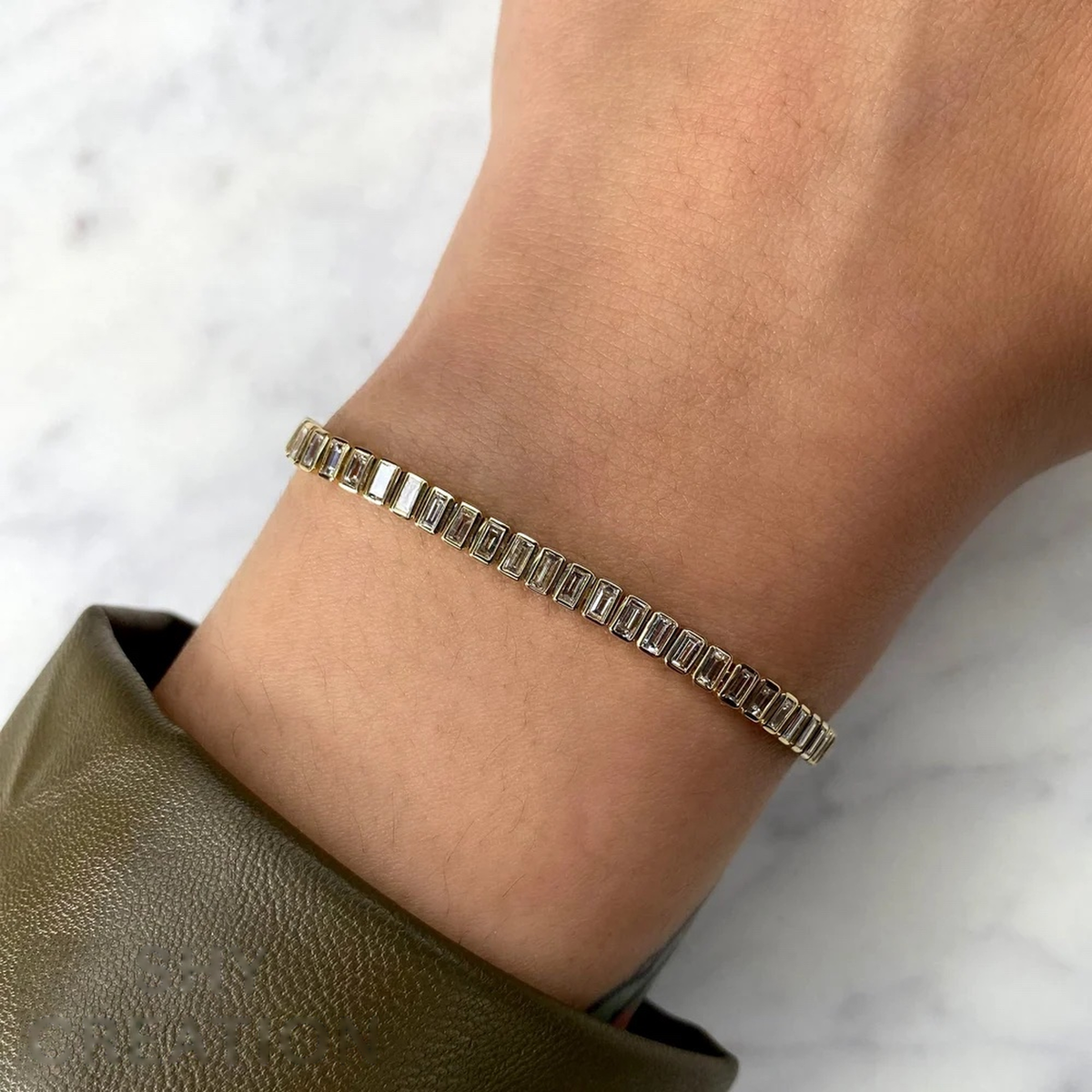 14K Gold Baguette Bezel Tennis Bracelet Worn on Wrist