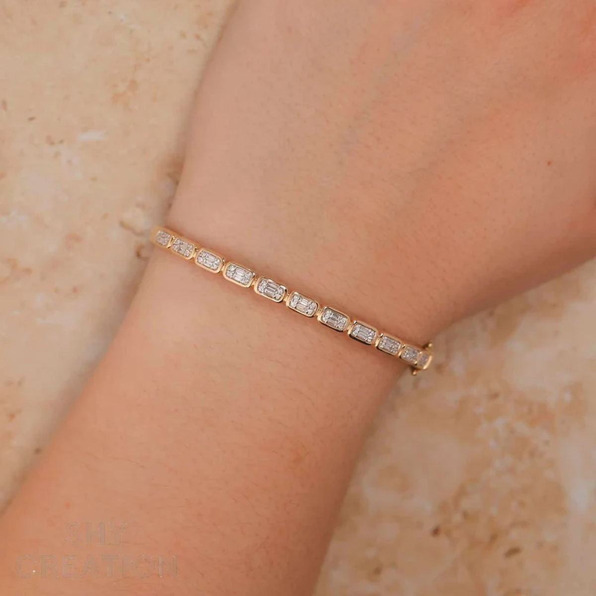 14K Gold Baguette Diamond Cluster Bangle Bracelet Worn on Wrist