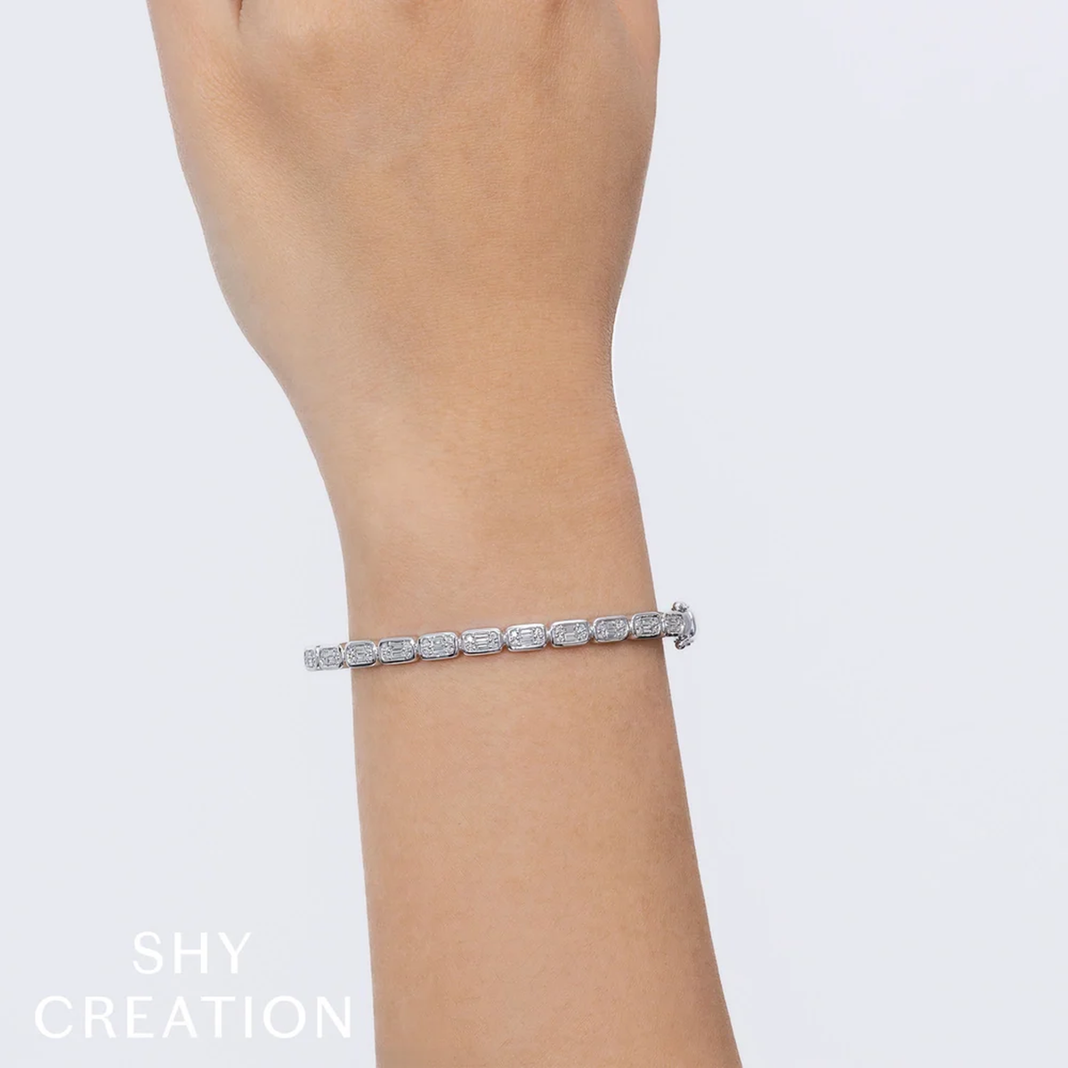 14K Gold Baguette Diamond Cluster Bangle Bracelet Worn on Wrist