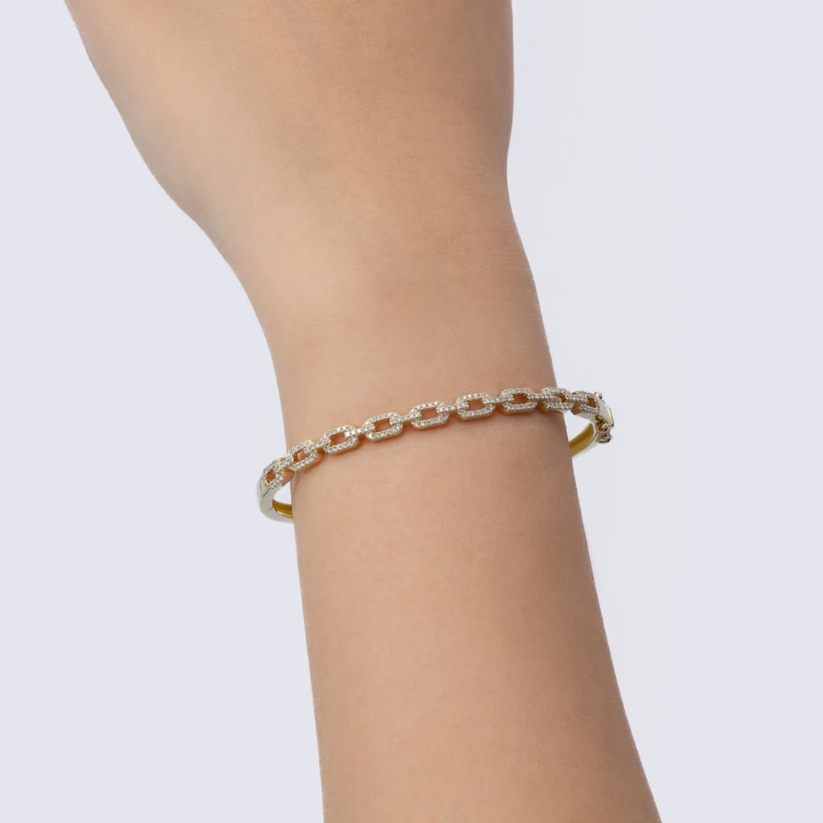 14K Gold Open Diamond Link Bangle Bracelet Worn on Wrist