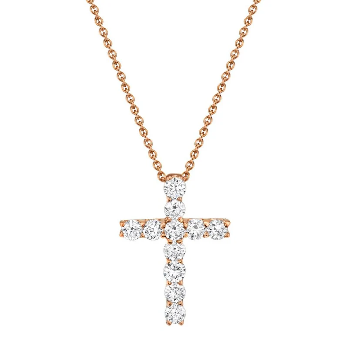 14K Rose Gold Round Diamond Cross Necklace