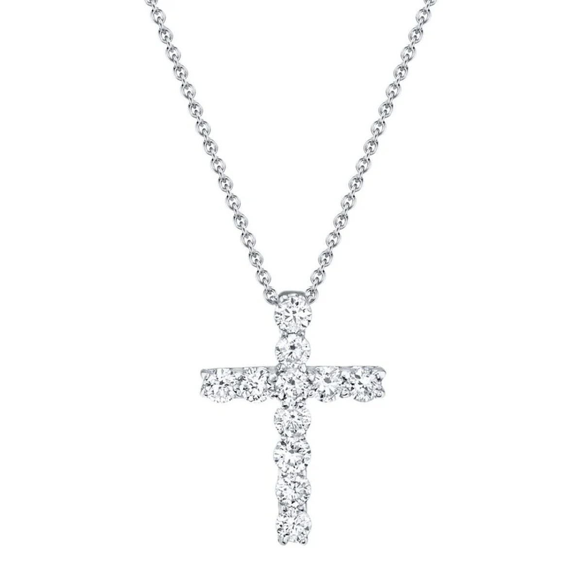 14K White Gold Round Diamond Cross Necklace