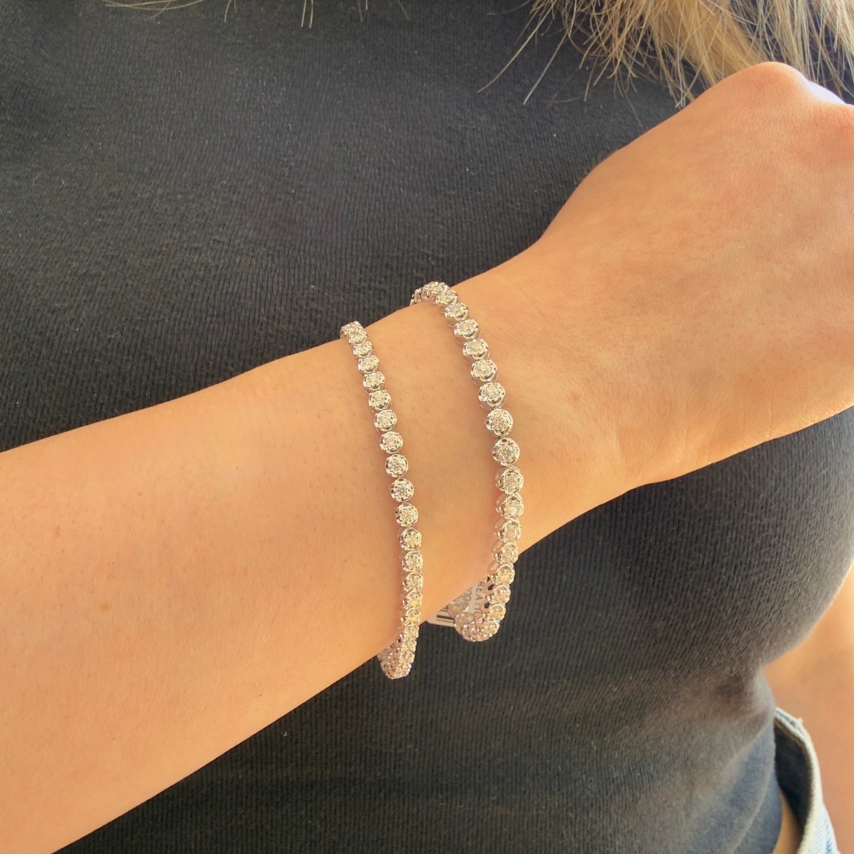 14K Gold Diamond Circle Illusion Tennis Bracelet Worn on Wrist