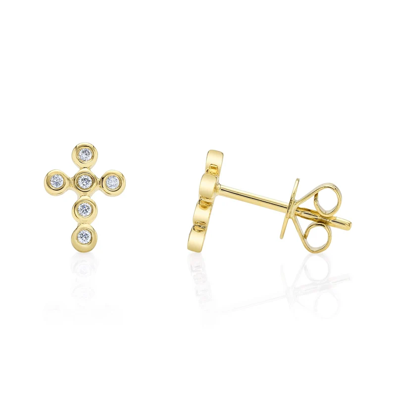 14K Yellow Gold Bezel Cross Stud Earrings