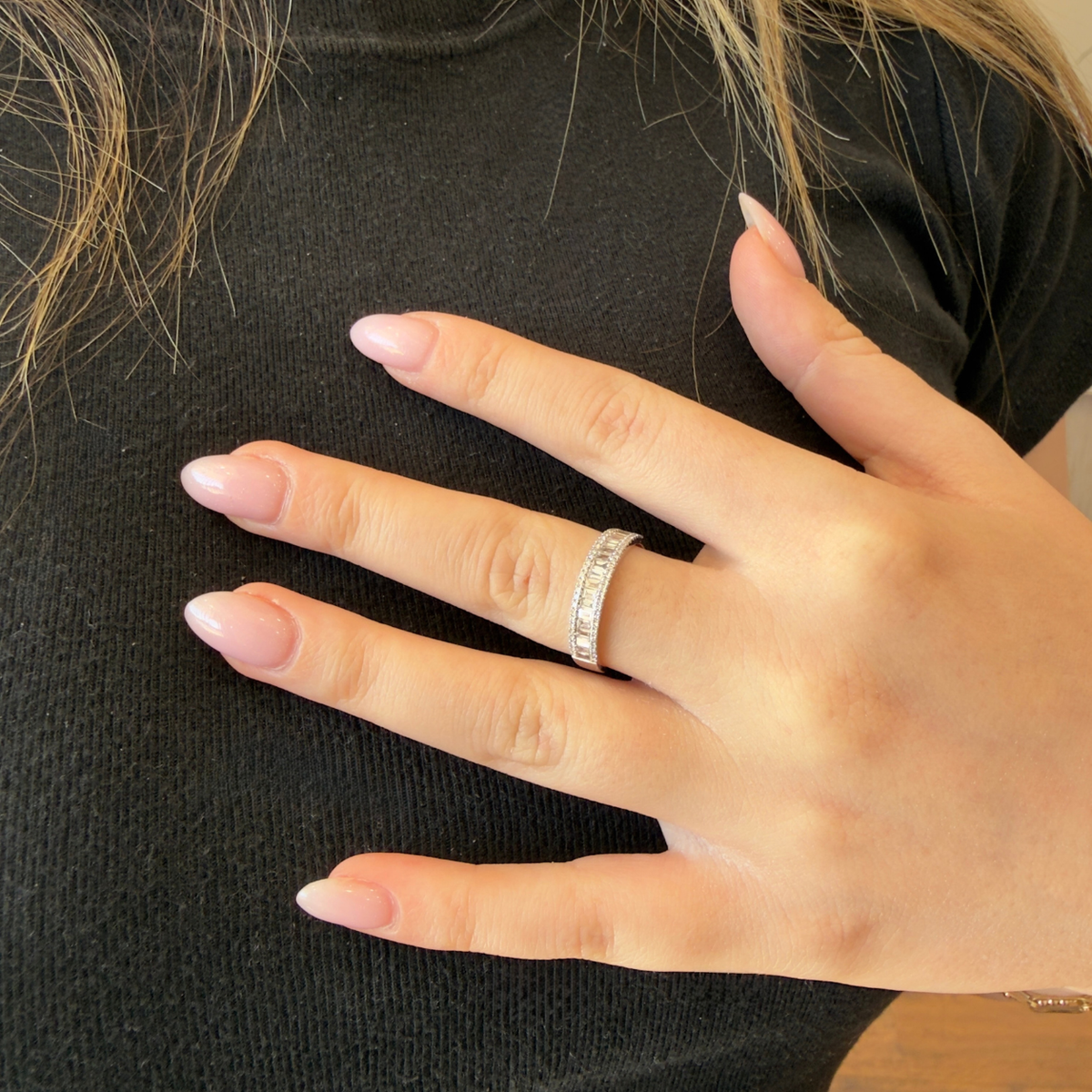 14K Gold Diamond Baguette Band Worn on Finger
