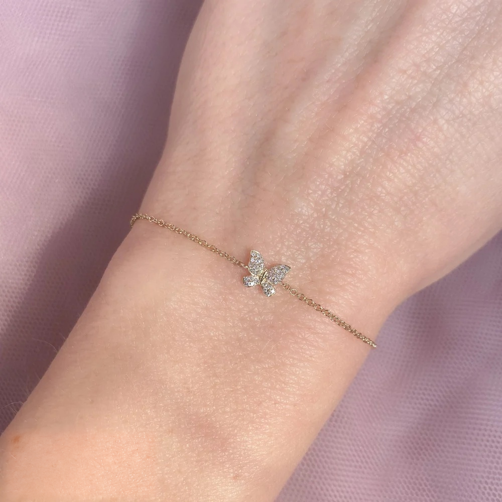 14K Gold Diamond Butterfly Bracelet Worn on Wrist