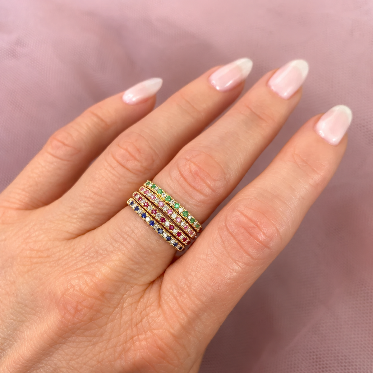 14K Gold Gemstone & Diamond Band Worn on Finger