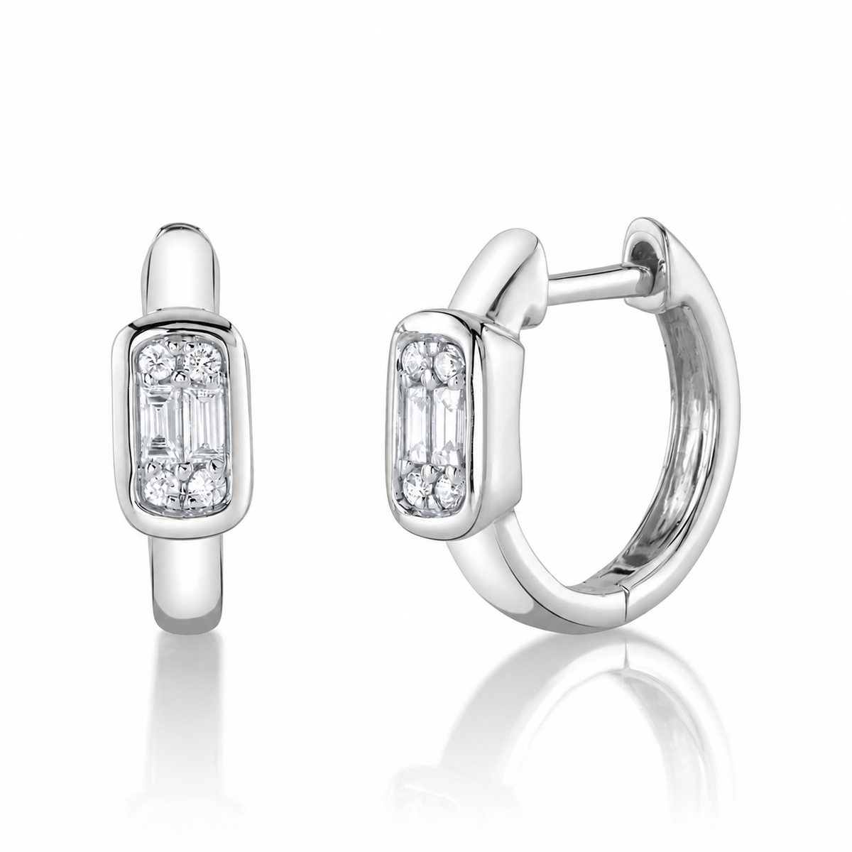 14K White Gold Baguette Diamond Cluster Huggie Earrings