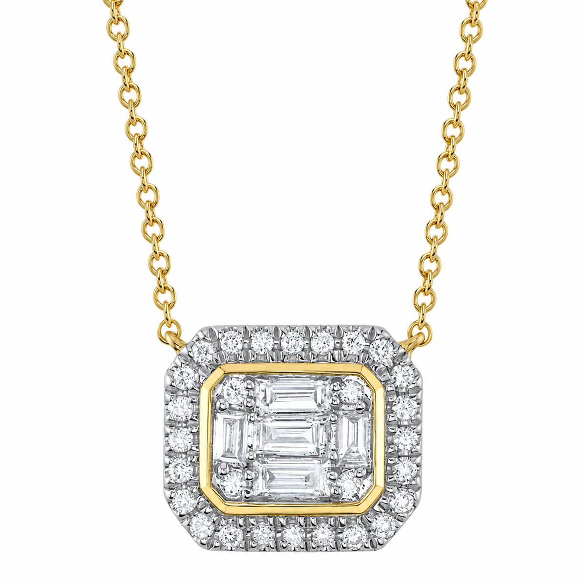 14K Yellow Gold Baguette Diamond Halo Necklace