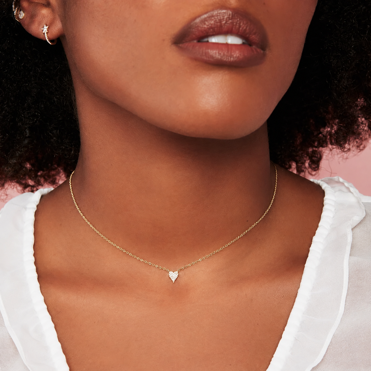 14K Gold Pointy Diamond Heart Necklace Worn on Neck
