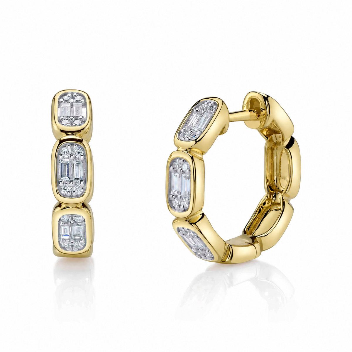 14K Yellow Gold Baguette Diamond Cluster Hoop Earrings
