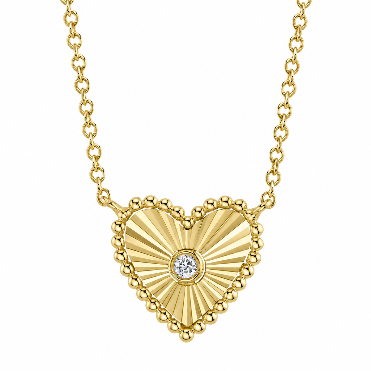 14K Yellow Gold Diamond Ribbed Heart Necklace