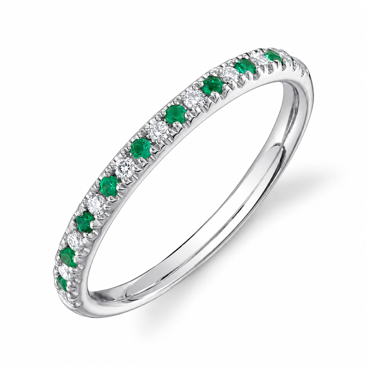 14K White Gold Emerald & Diamond Band