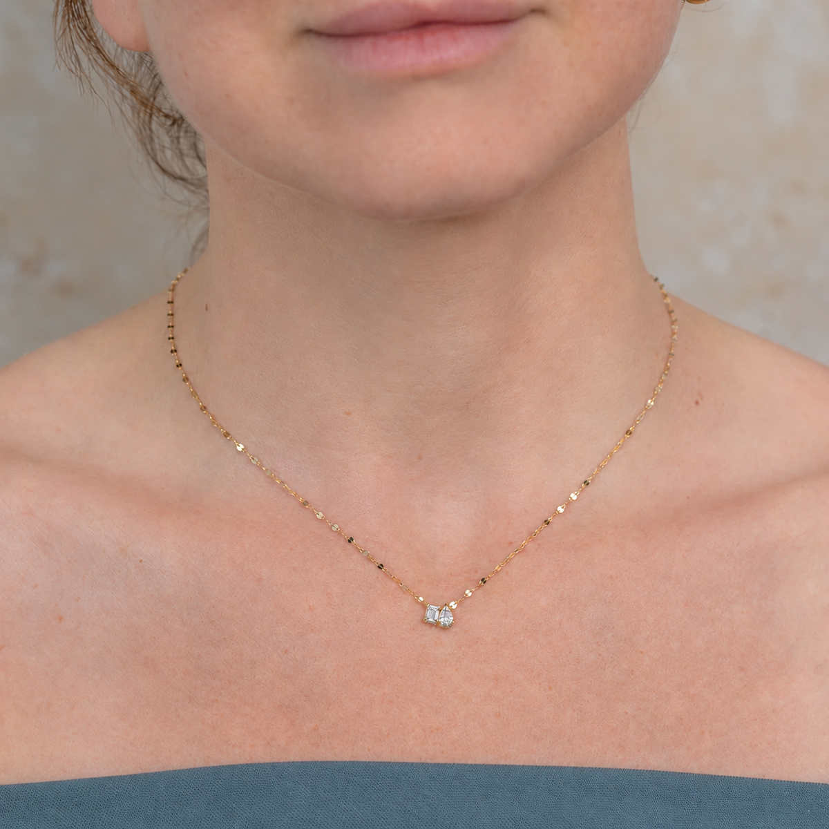 14K Gold Emerald-Cut & Pear Diamond Necklace Worn on Neck