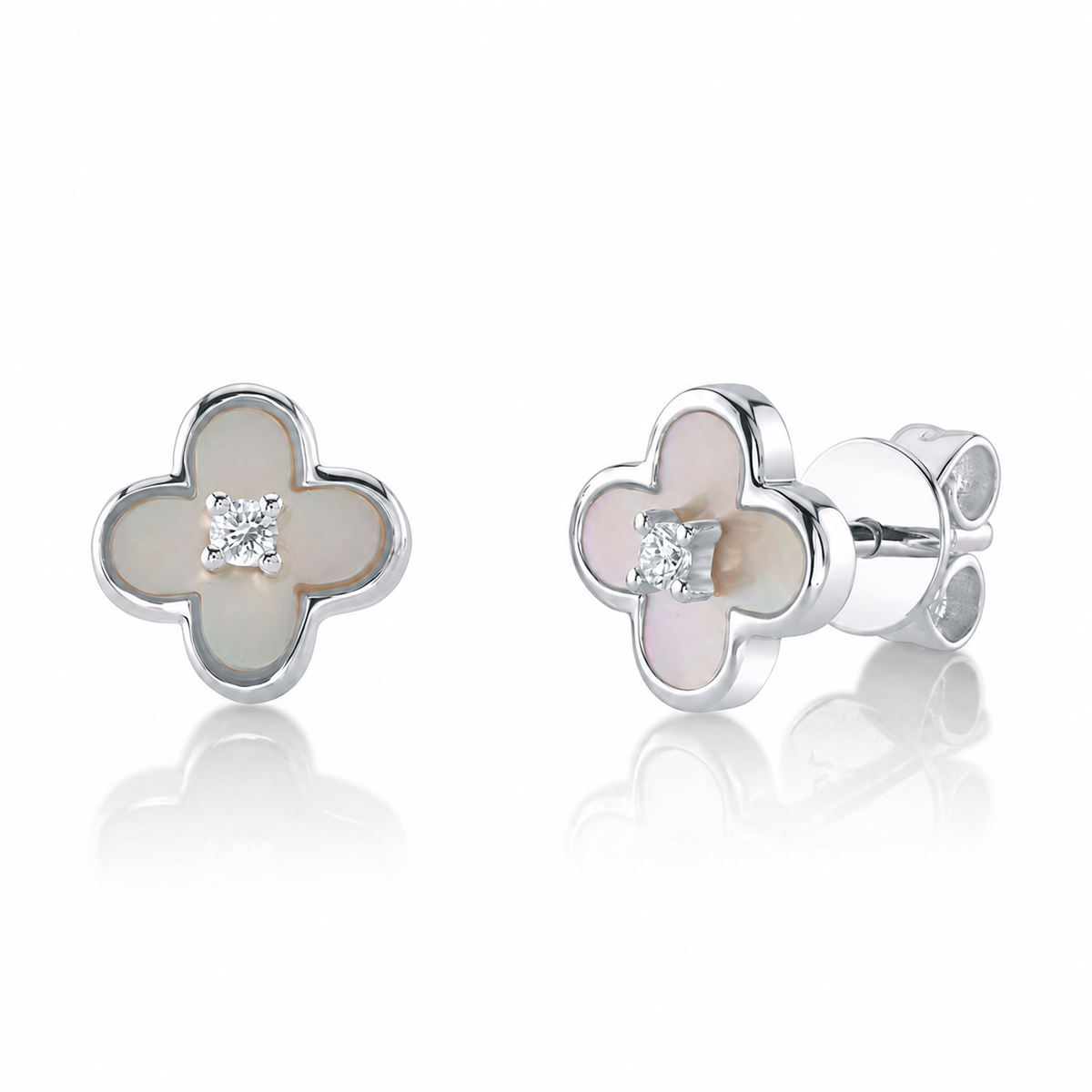 14K White Gold Pearl Clover Stud Earrings