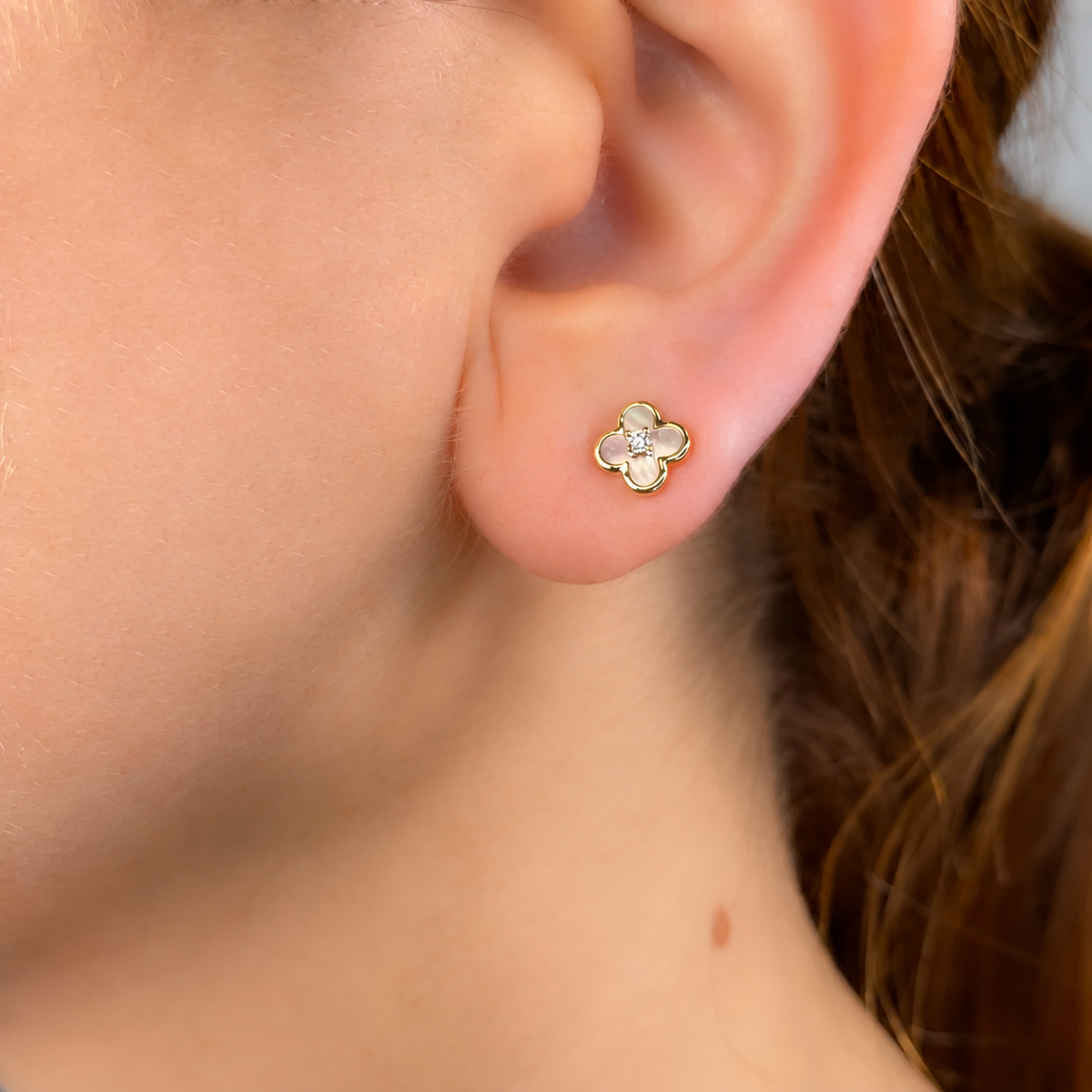 14K Gold Pearl Clover Stud Earrings Worn on Ear