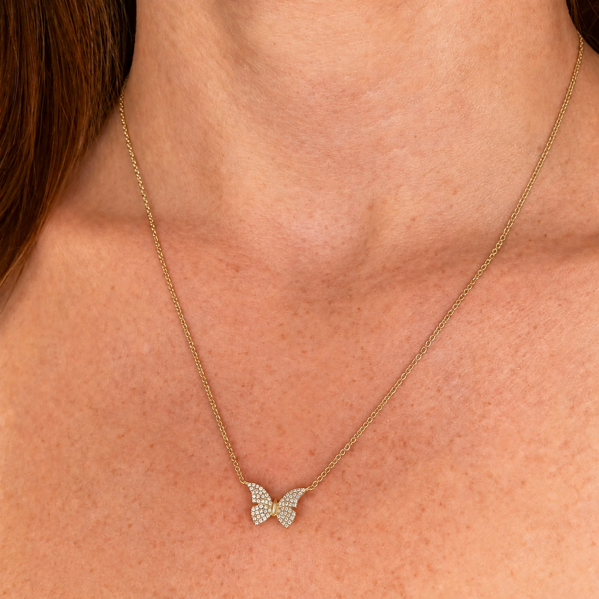 14K Gold Diamond Butterfly Necklace Worn on Neck