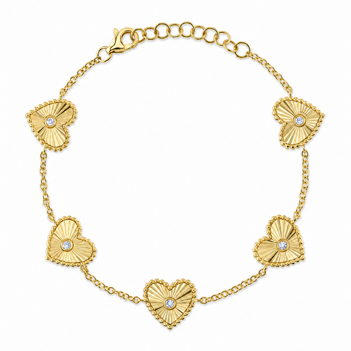 14K Yellow Gold Diamond Ribbed Heart Bracelet