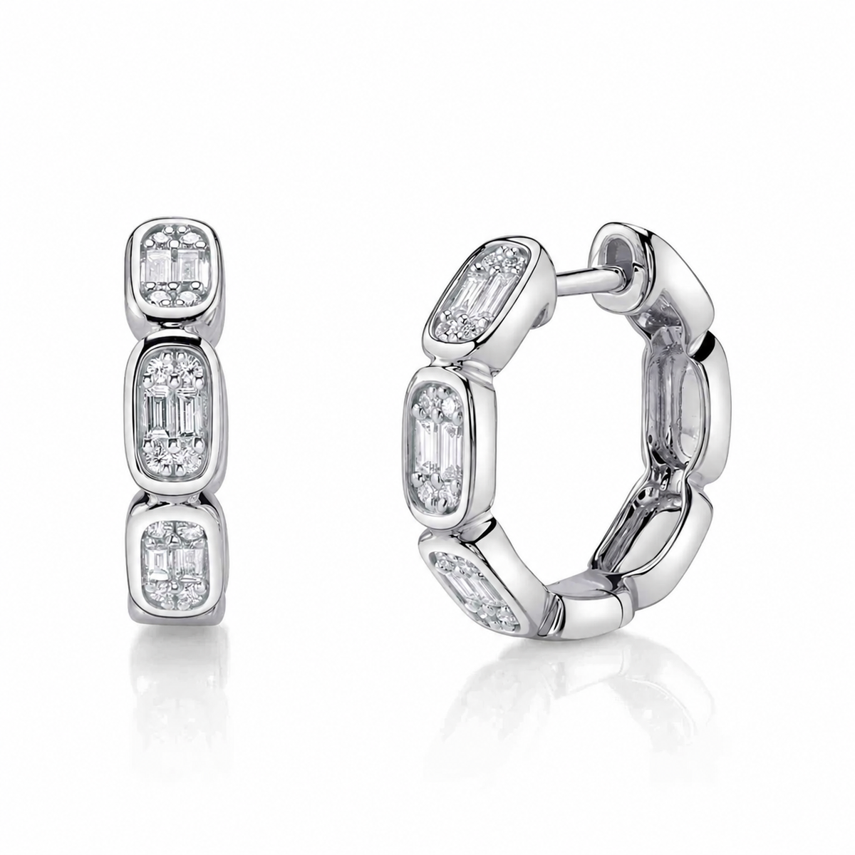 14K White Gold Baguette Diamond Cluster Hoop Earrings
