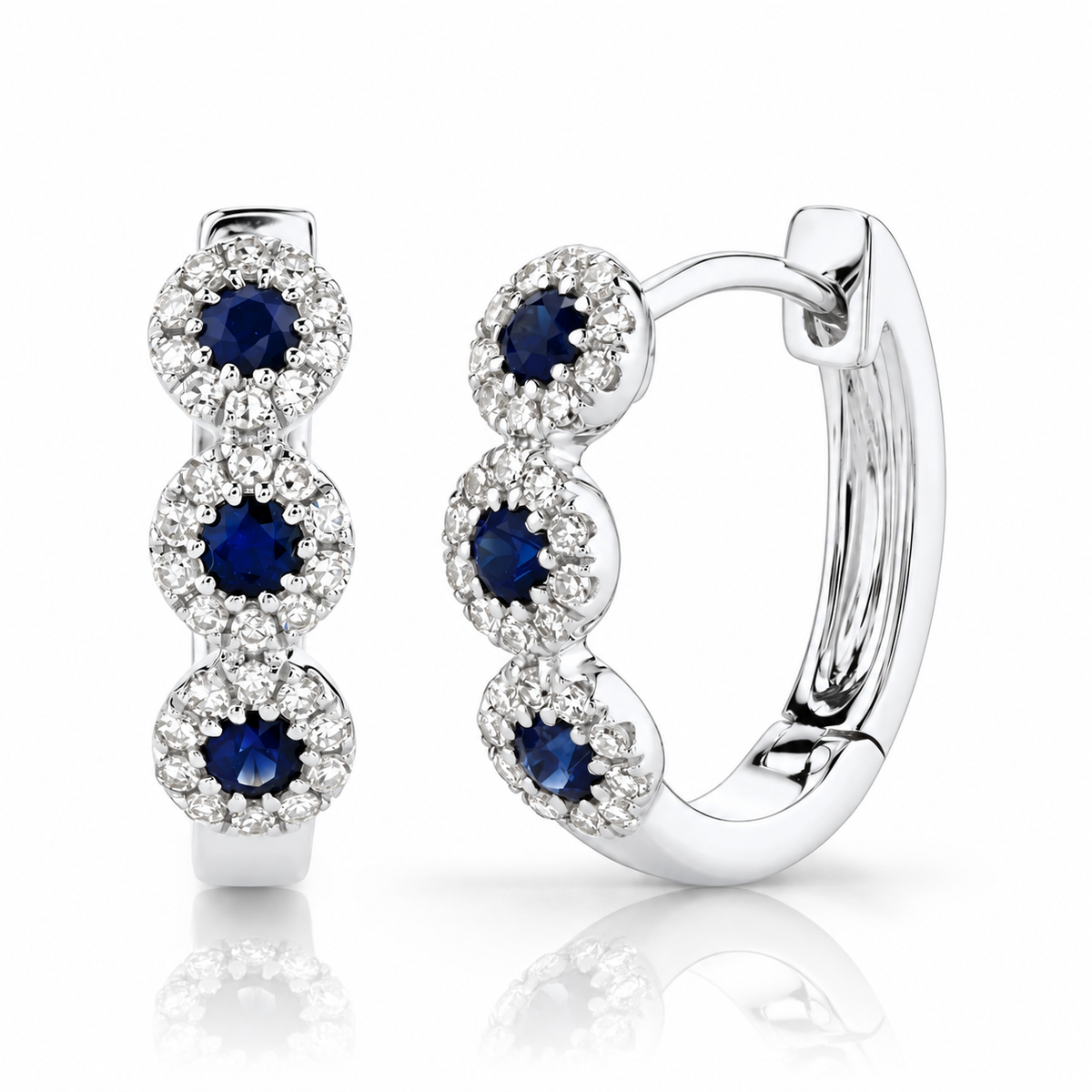 14K White Gold Sapphire Halo Huggie Earrings
