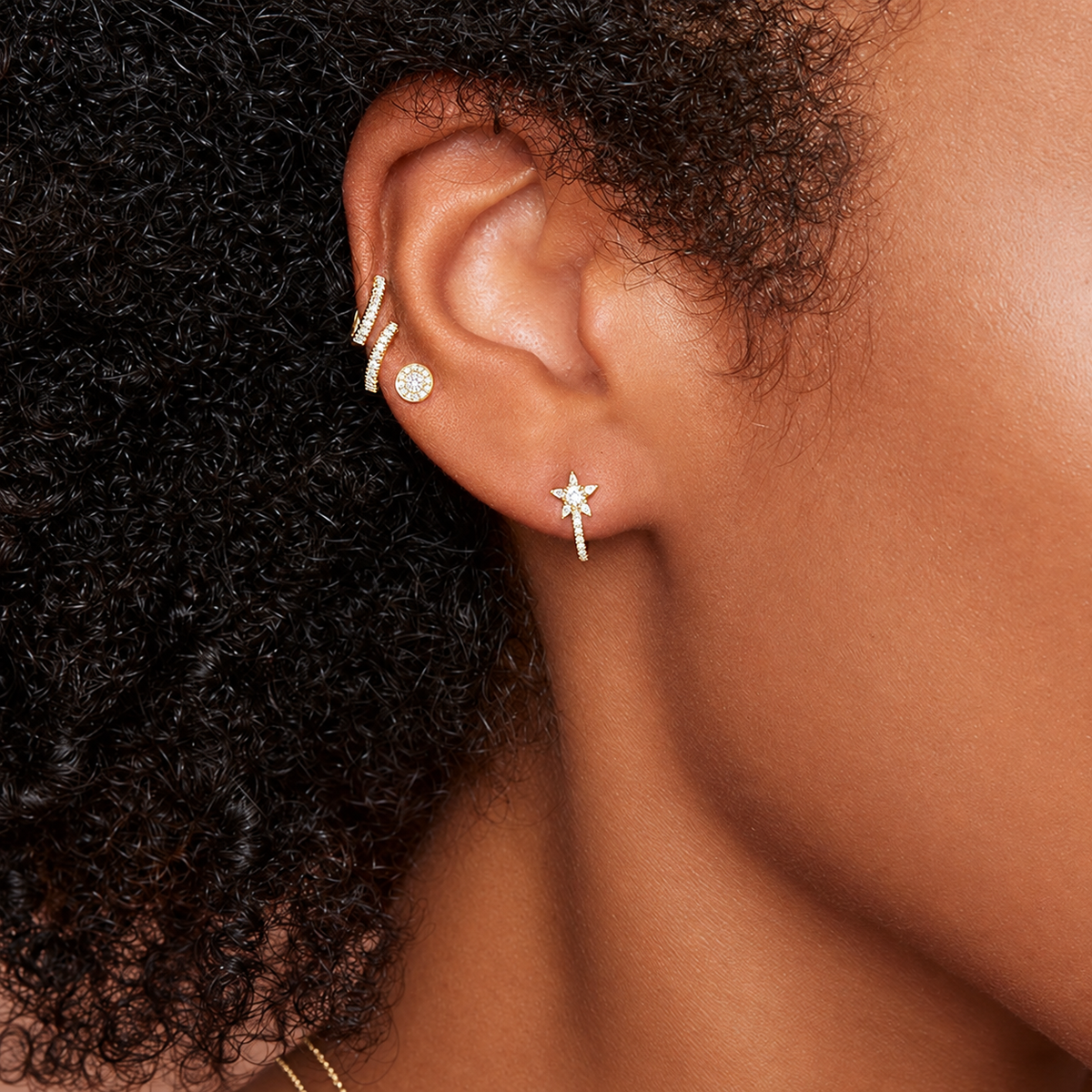14K Gold Diamond Disc Stud Earrings Worn on Ear